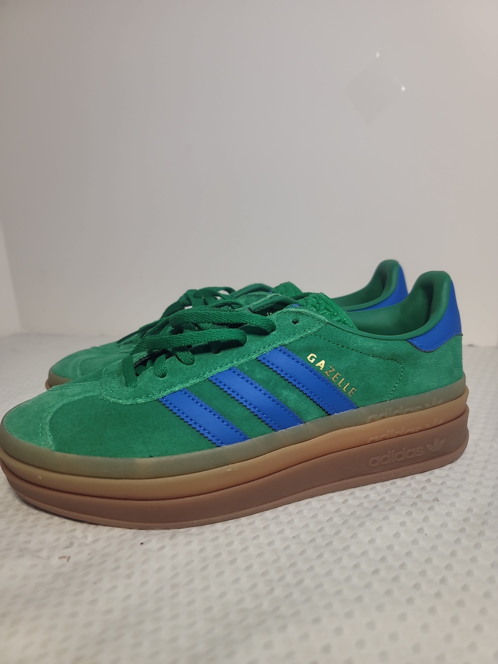 adidas Gazelle Green Suede Sneakers with Blue Stripes and Gum Sole